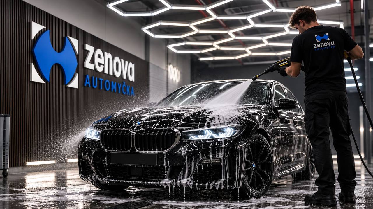 Ruční mytí černého vozu v Automyčce ZENOVA